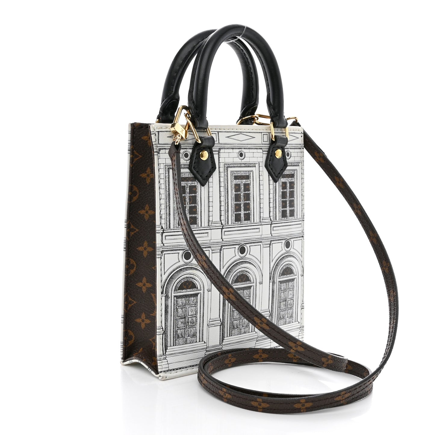X FORNASETTI Calfskin Architettura Petit Sac Plat Black White
