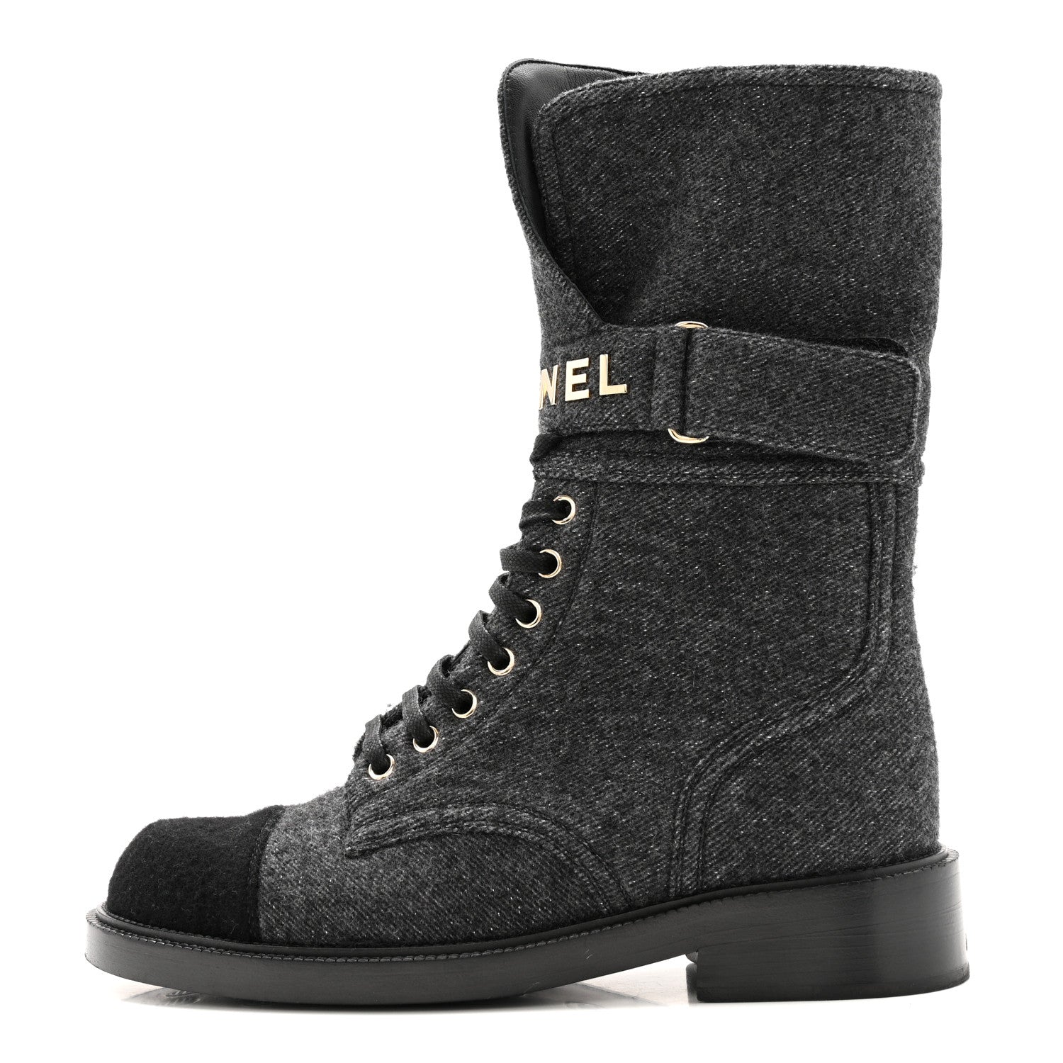 Chanel Tweed Lace Up Combat Boots 37.5 Dark Grey Black 1 of 26