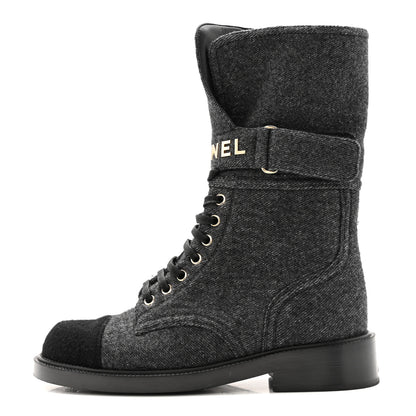 Chanel Tweed Lace Up Combat Boots 37.5 Dark Grey Black 1 of 26