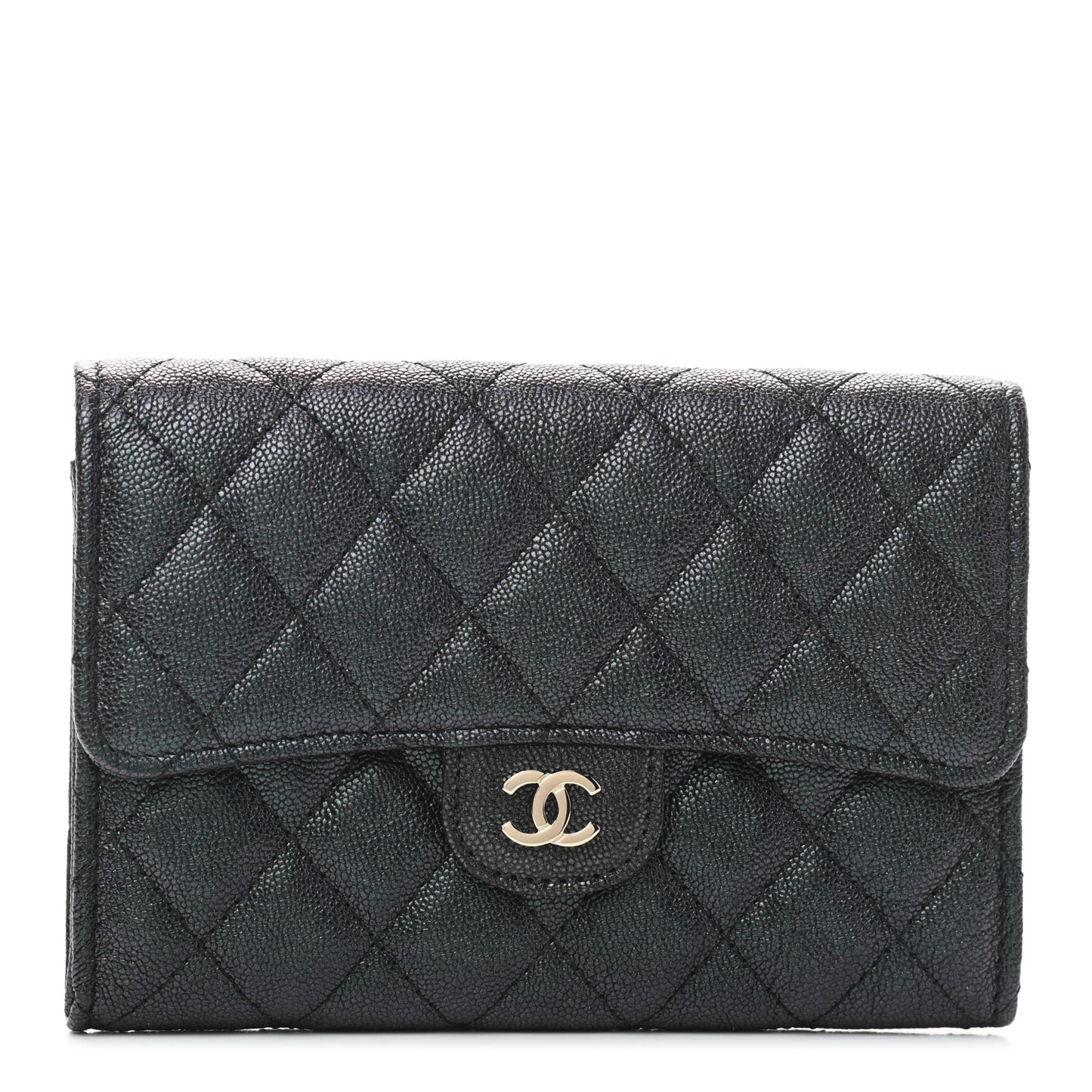 Iridescent Caviar Quilted Medium Flap Wallet Black