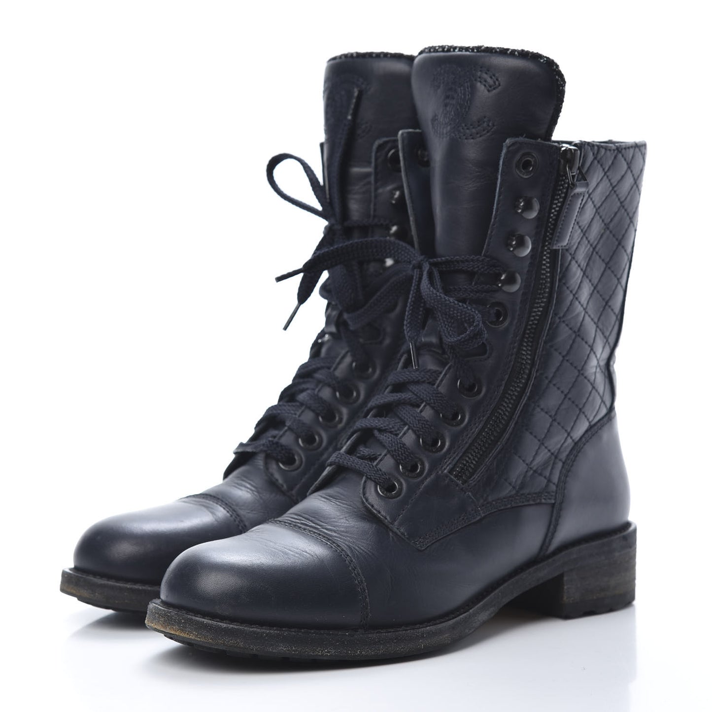 Sheepskin Quilted CC Tall Lace Up Combat Boots 39 Navy