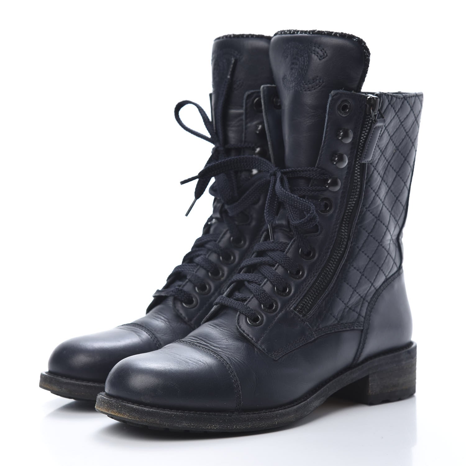 Chanel Sheepskin Quilted CC Tall Lace Up Combat Boots 39 Navy 3 of 10