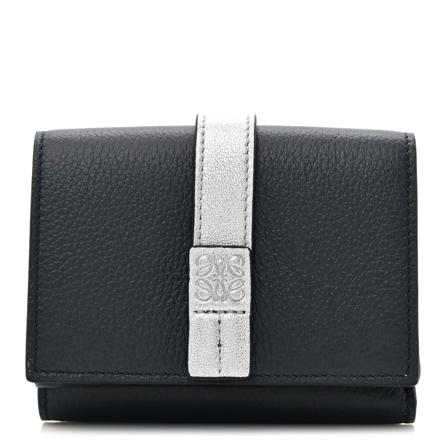 Grained Calfskin Anagram Trifold Wallet Dark Navy Silver