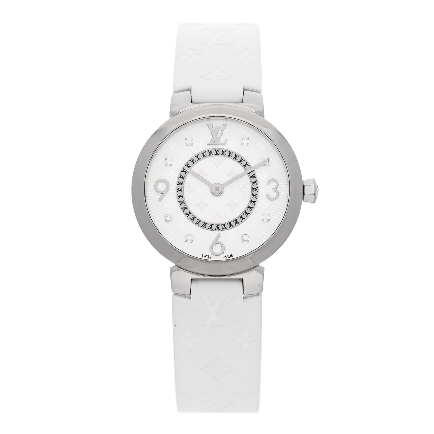 Stainless Steel Rubber Diamond 28mm Tambour Slim Quartz Watch White