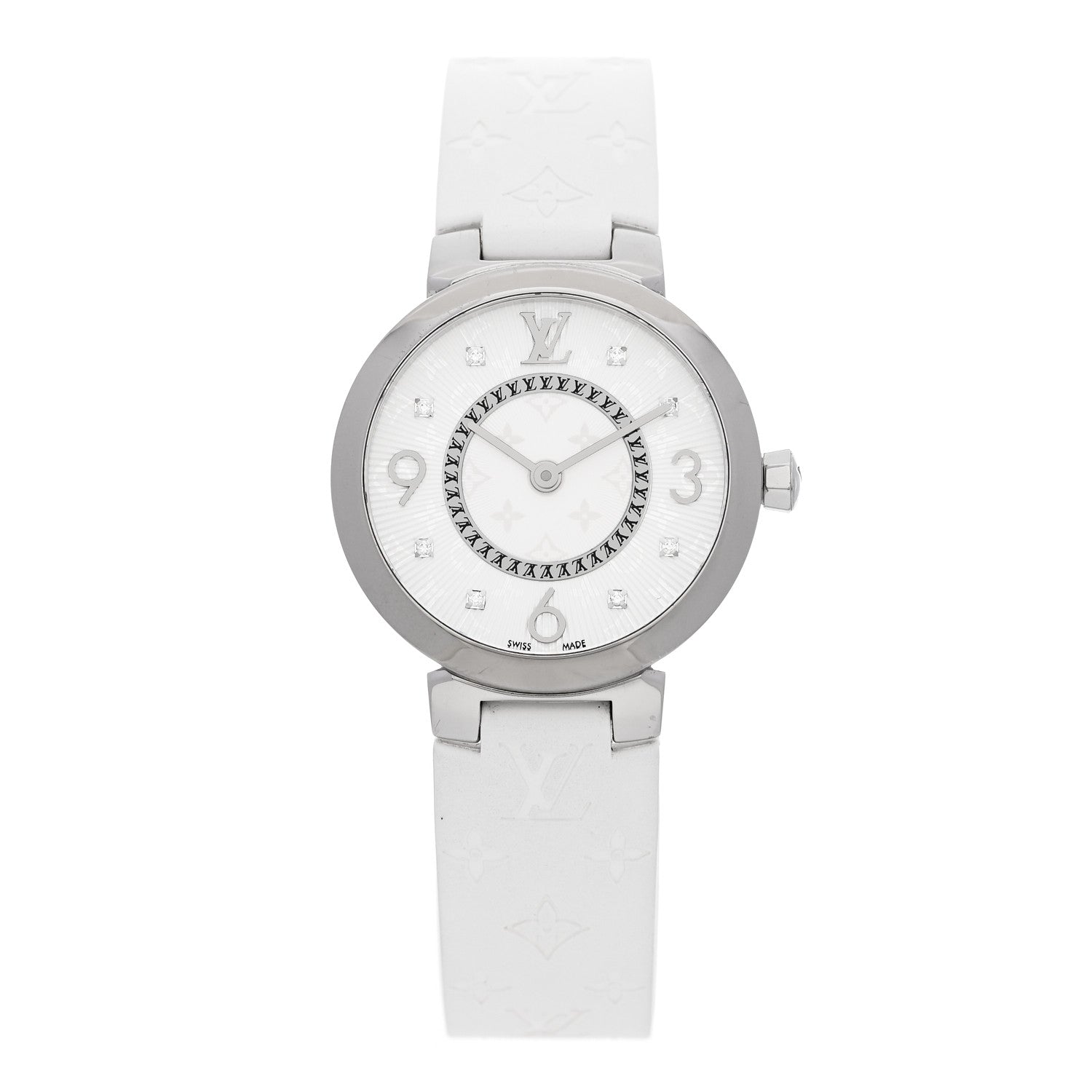 Louis Vuitton Stainless Steel Rubber Diamond 28mm Tambour Slim Quartz Watch White 1 of 5