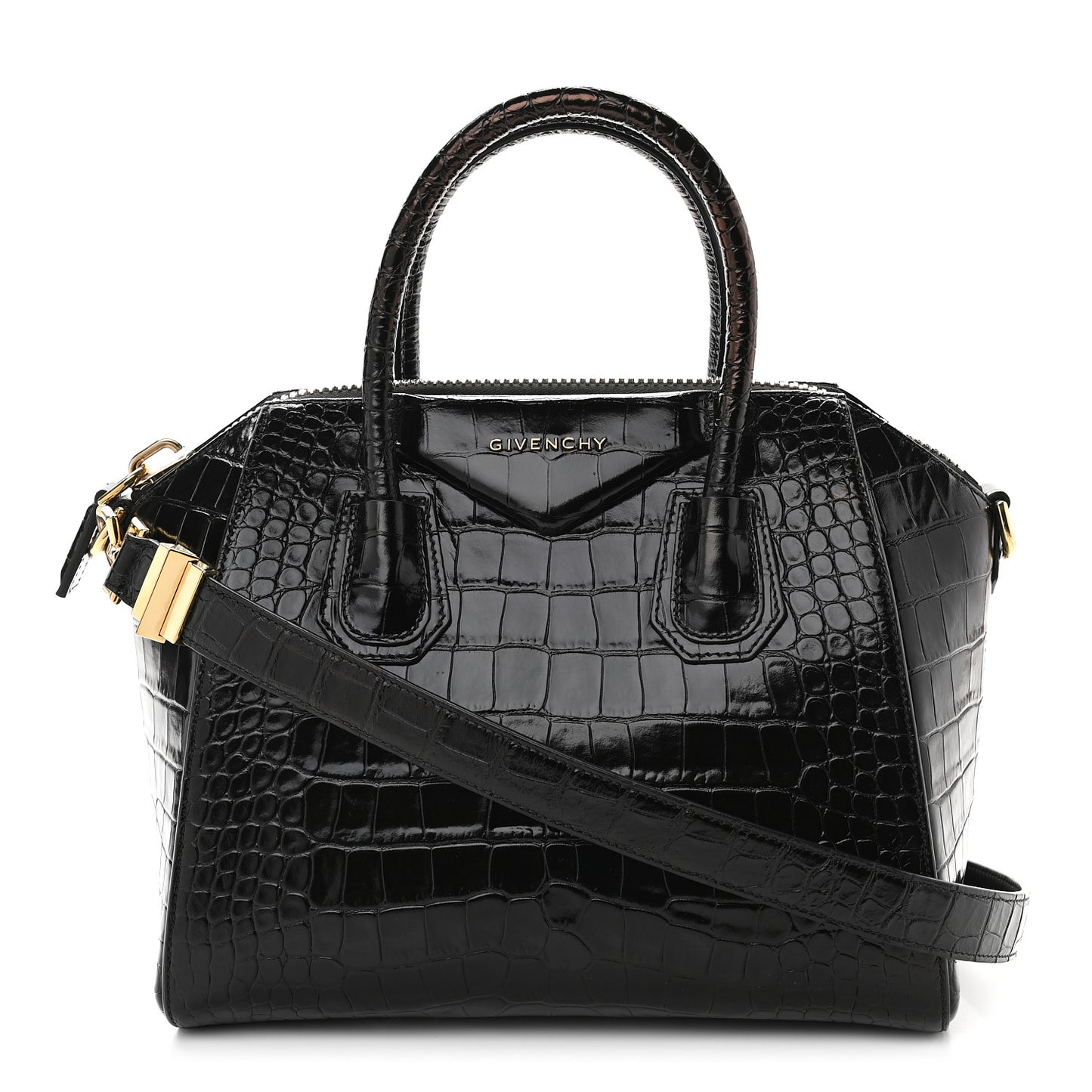 Calfskin Crocodile Embossed Small Antigona Black