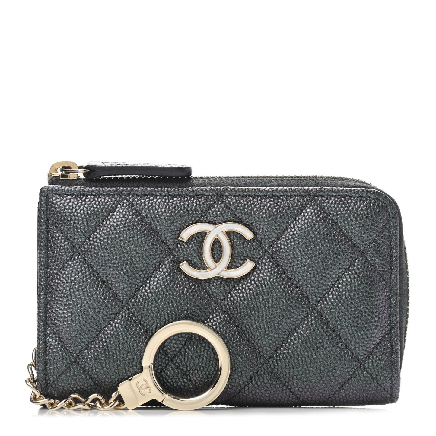 Iridescent Caviar Quilted Zipped Key Holder Case Black