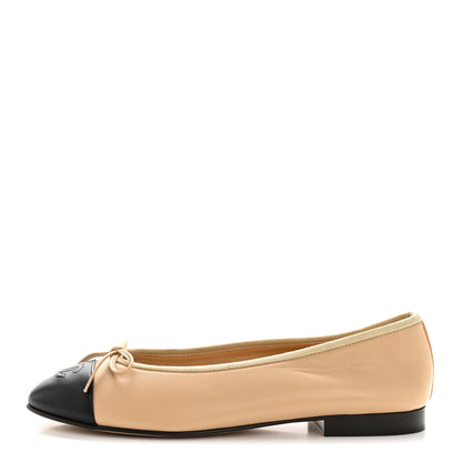 Chanel Lambskin Cap Toe CC Ballerina Flats 39 Beige Black 1 of 10