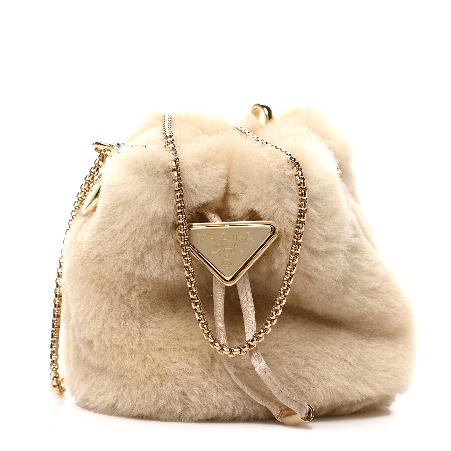 Shearling Metal Triangle Logo Mini Drawcord Pouch Shoulder Bag Ecru