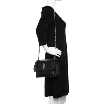 Saint Laurent Calfskin Crocodile Embossed Medium Monogram Sunset Black 2 of 12