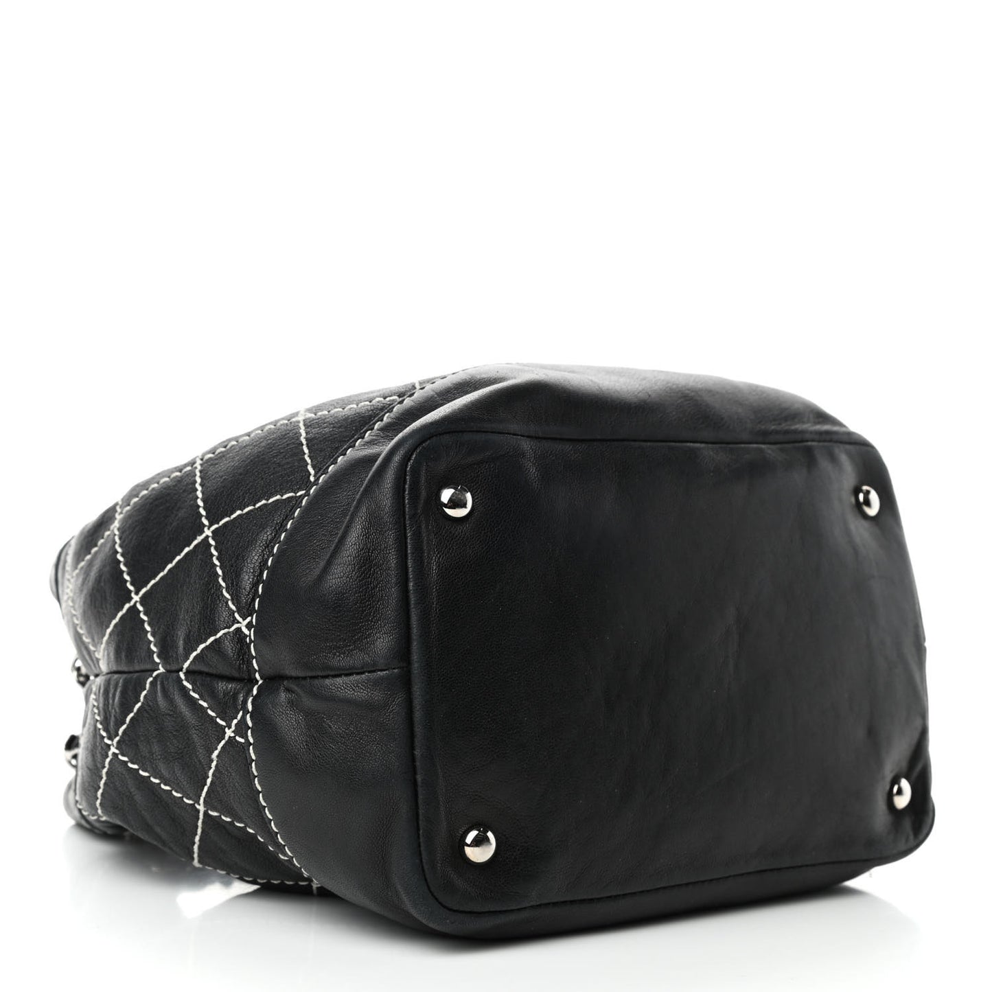 Lambskin Contrast Stitch Small Drawstring Tote Black