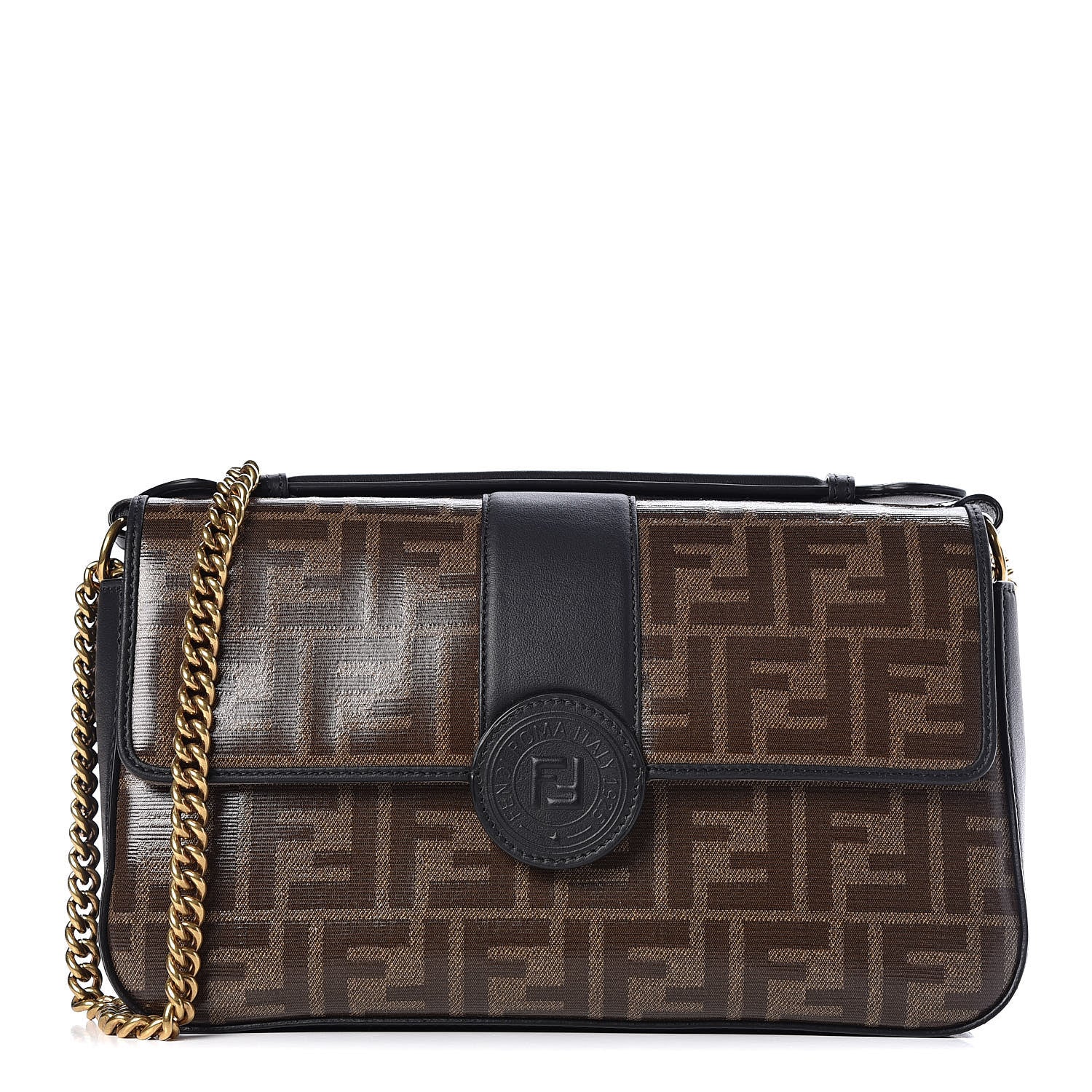 Fendi Vitello Grace Glazed Fabric FF 1974 Double F Shoulder Bag Black Mogano Panna 1 of 11