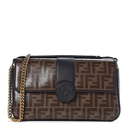 Fendi Vitello Grace Glazed Fabric FF 1974 Double F Shoulder Bag Black Mogano Panna 1 of 11