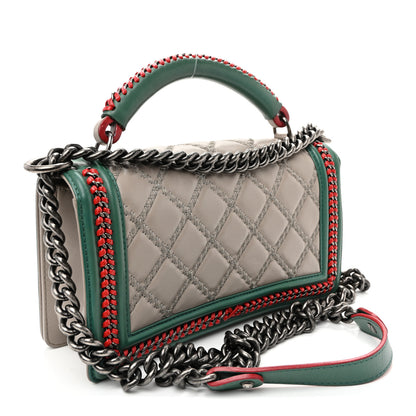 Chanel Lambskin Quilted Medium Top Handle Boy Flap Grey Green Red 3 of 11