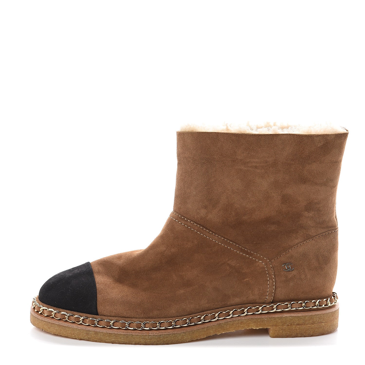 Chanel Kid Suede Shearling Womens Cap Toe Chain Short Boots 41.5 Light Brown Black 1 of 6