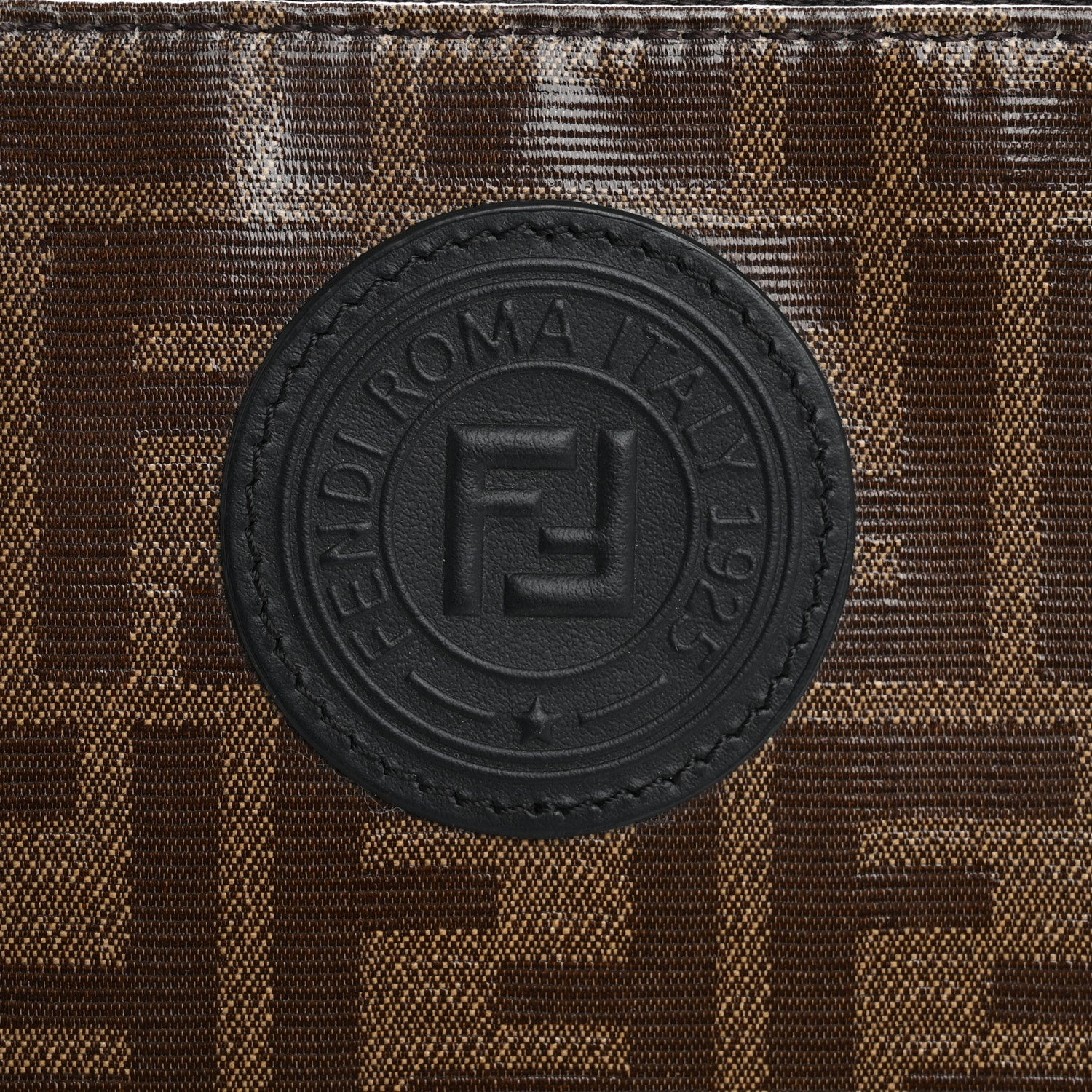Fendi Glazed Fabric Vitello Century FF 1974 Stamp Patch Large Flat Pouch Mogano Panna Black 8 of 13