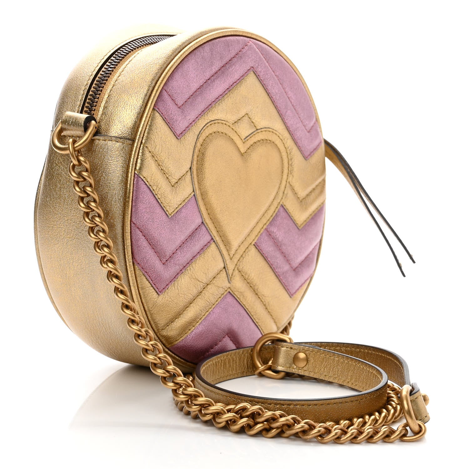 Gucci Metallic Nappa Matelasse Heart Mini GG Marmont Round Shoulder Bag Oro Vecchio Rosa 3 of 10