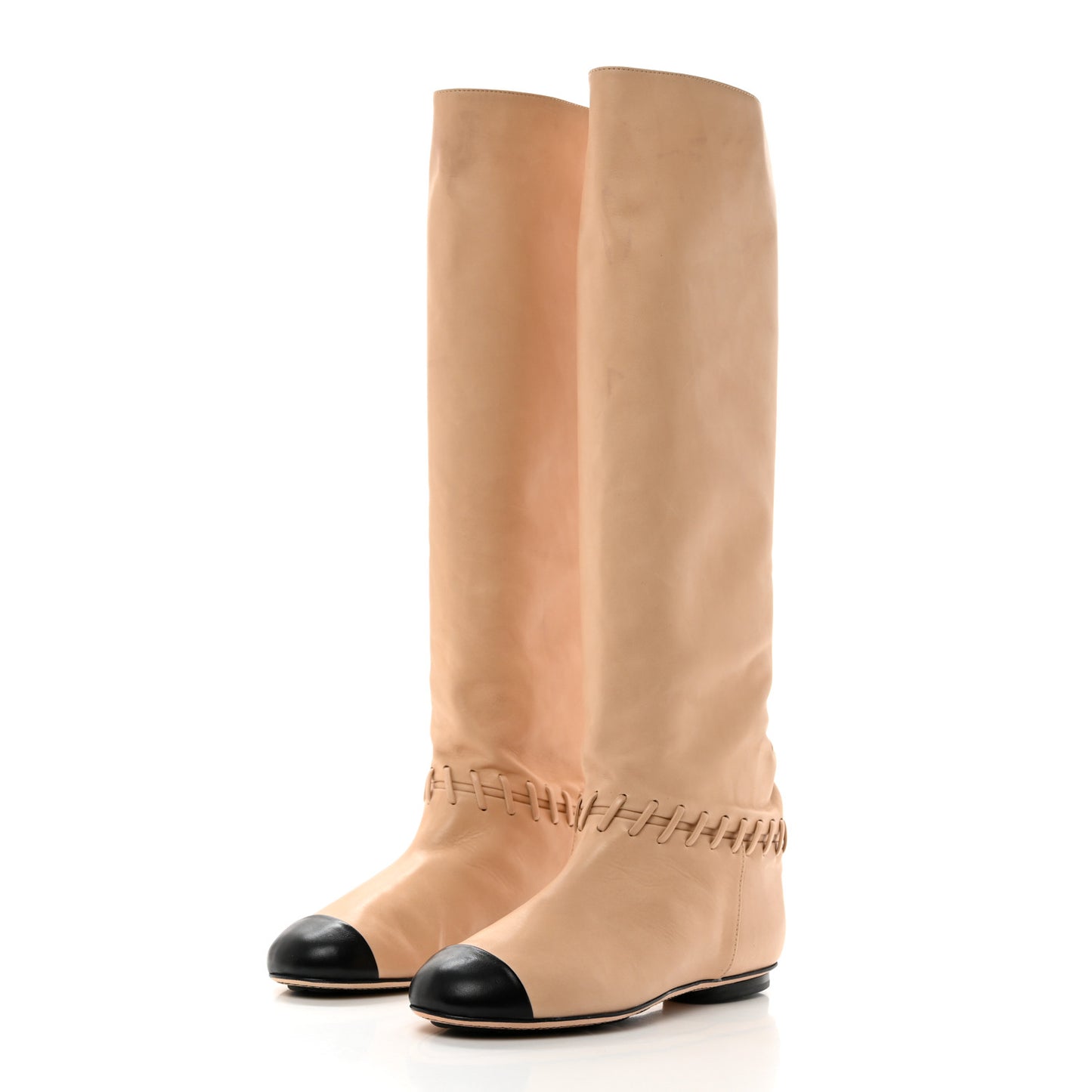 Lambskin Lace Up Cap Toe High Boots 37 Beige Black