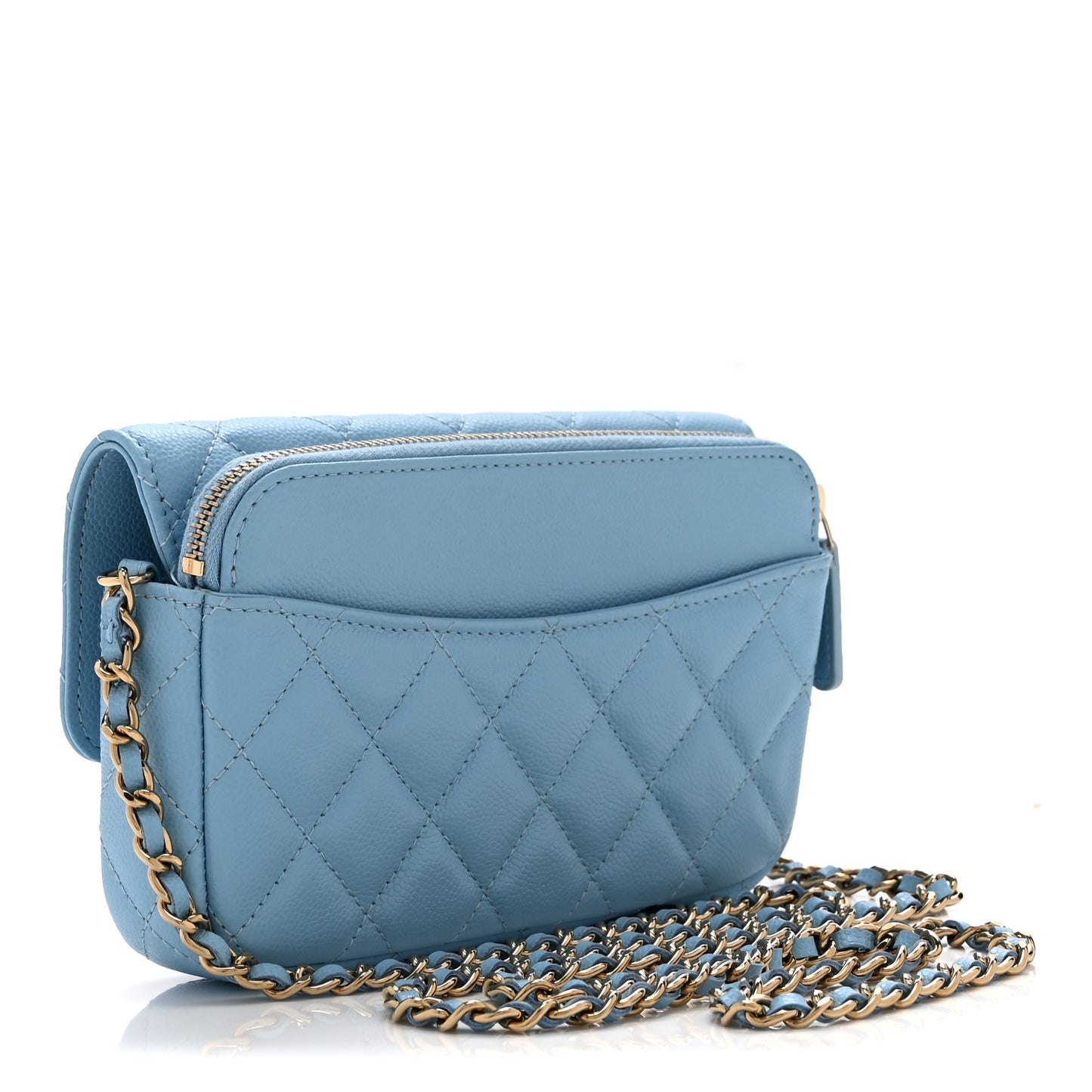 Caviar Quilted Flap Phone Holder With Chain Light Blue