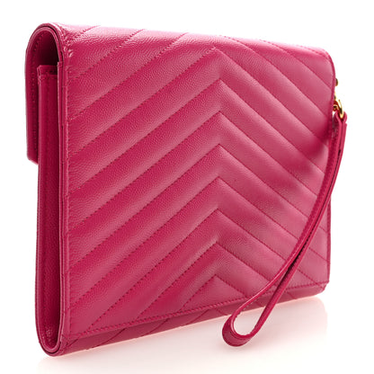 Saint Laurent Grain De Poudre Matelasse Chevron Monogram Envelope Clutch Fuchsia 3 of 6