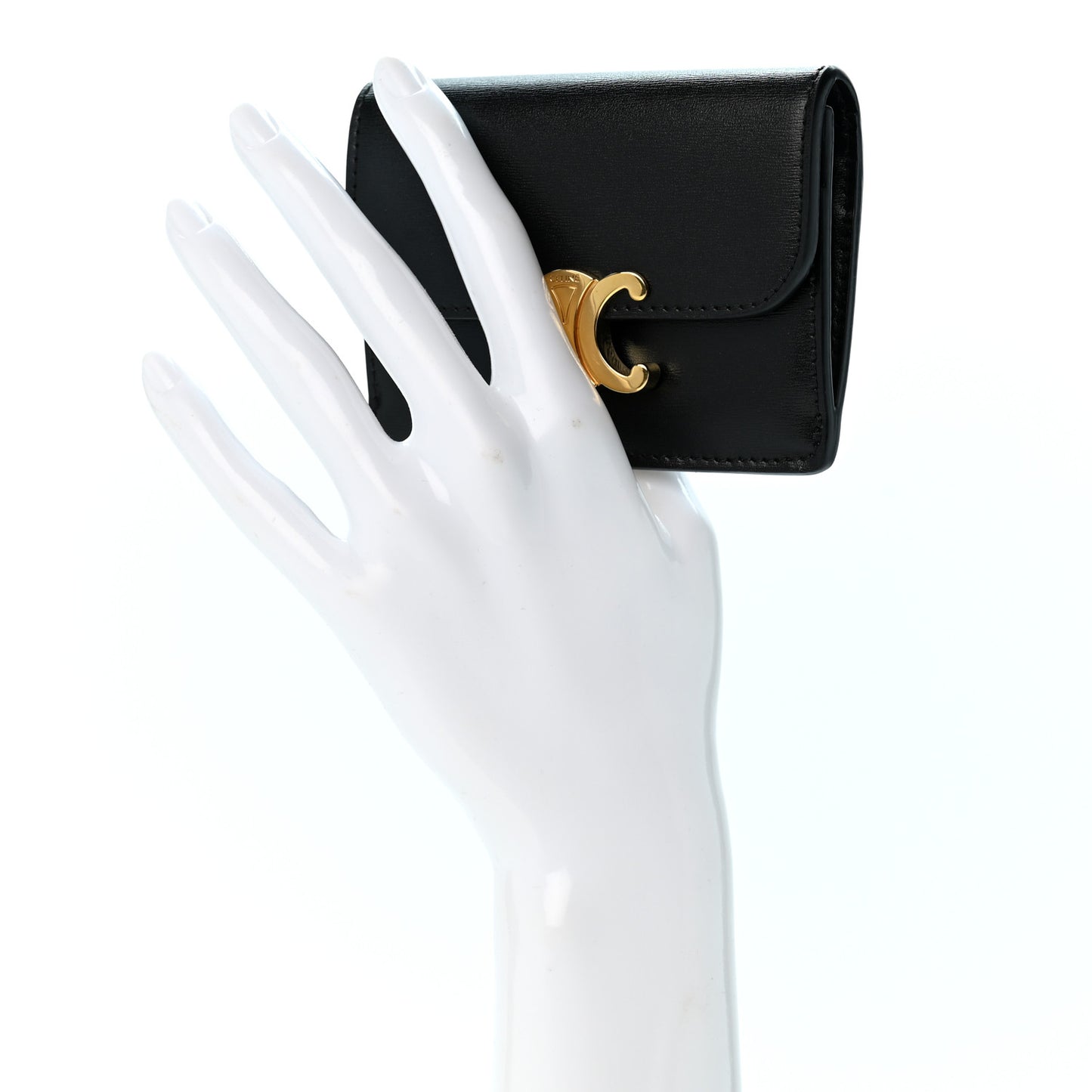 Shiny Calfskin Triomphe Flap Card Holder Black