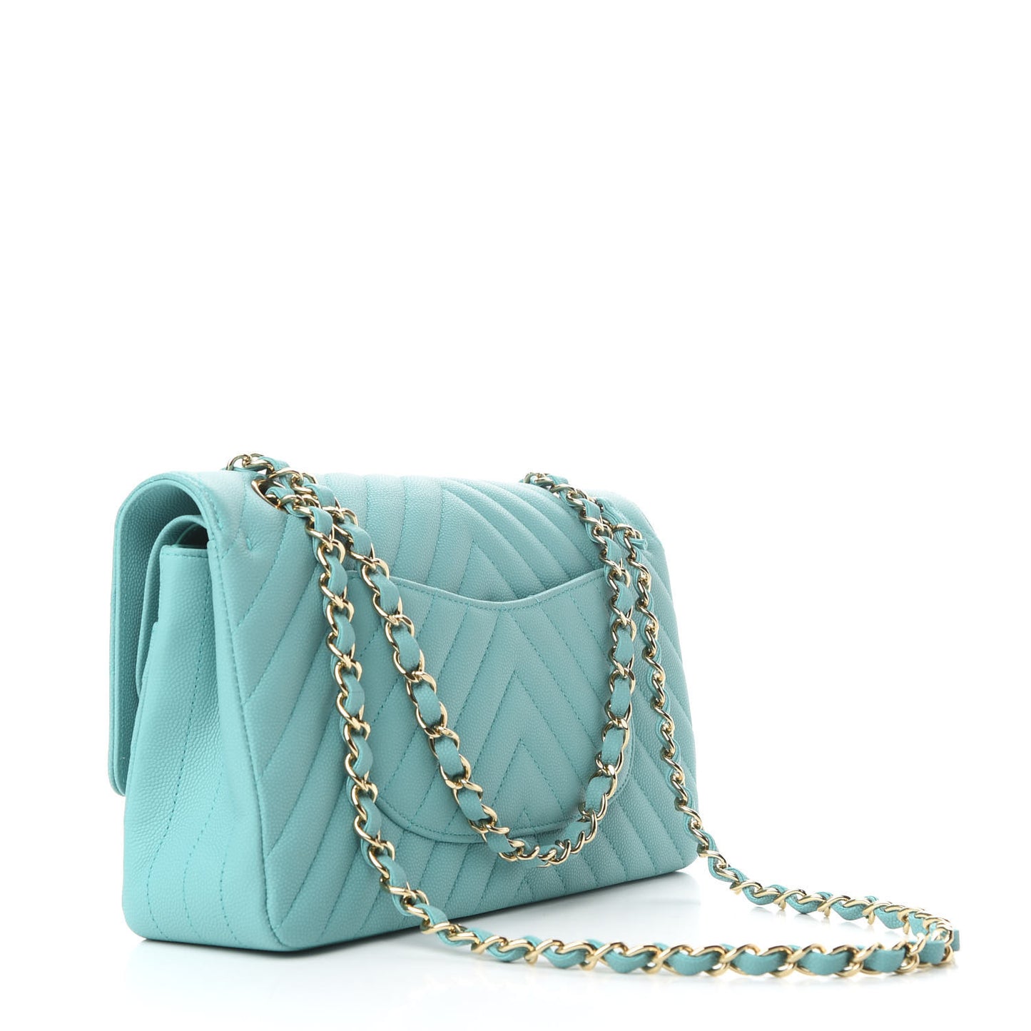 Caviar Flat Chevron Quilted Medium Double Flap Green