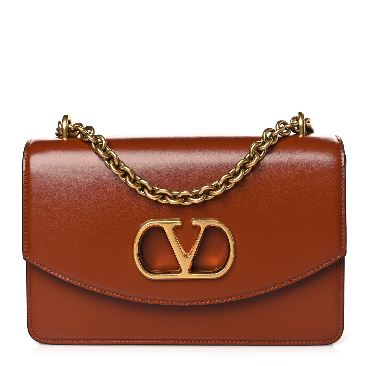 Valentino Garavani Vitello Vlogo Cutout Chain Shoulder Bag Saddle Brown 1 of 9