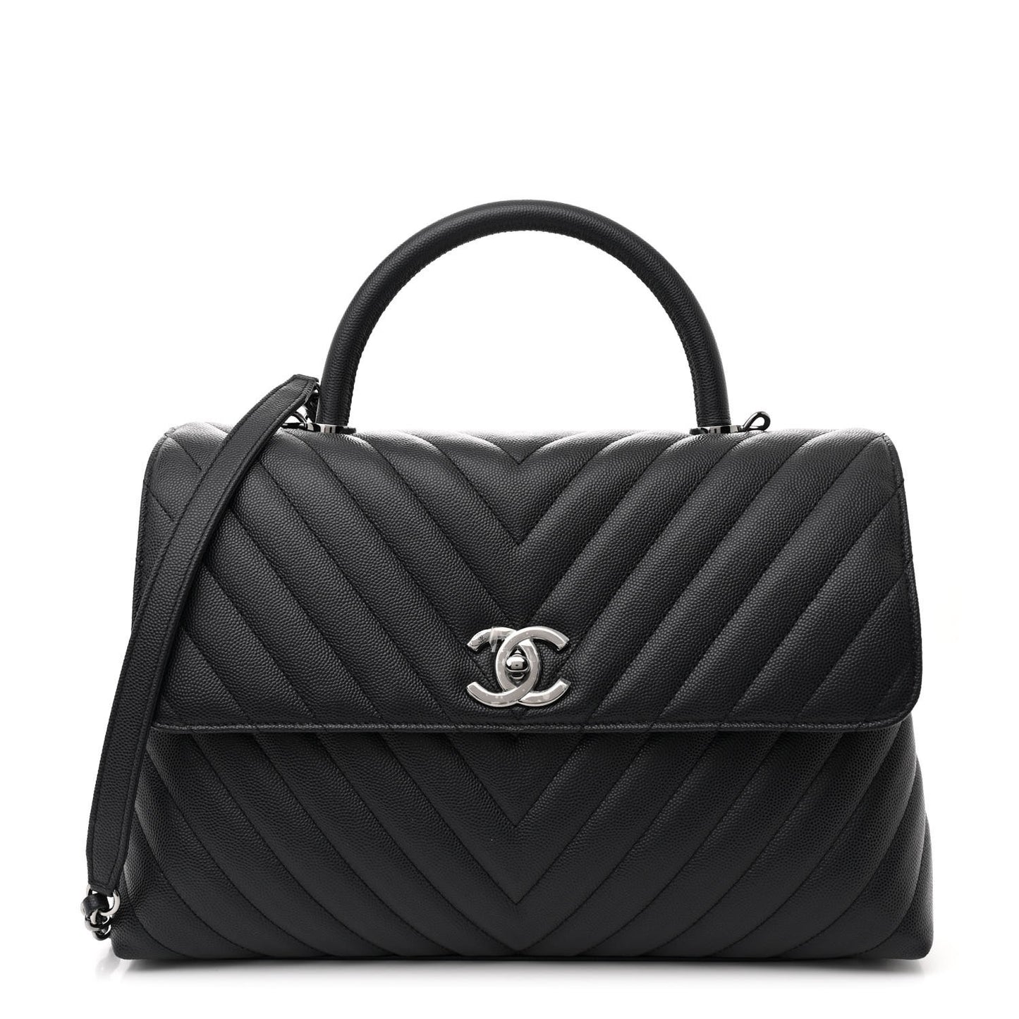 Caviar Chevron Quilted Medium Coco Handle Flap Dark Grey