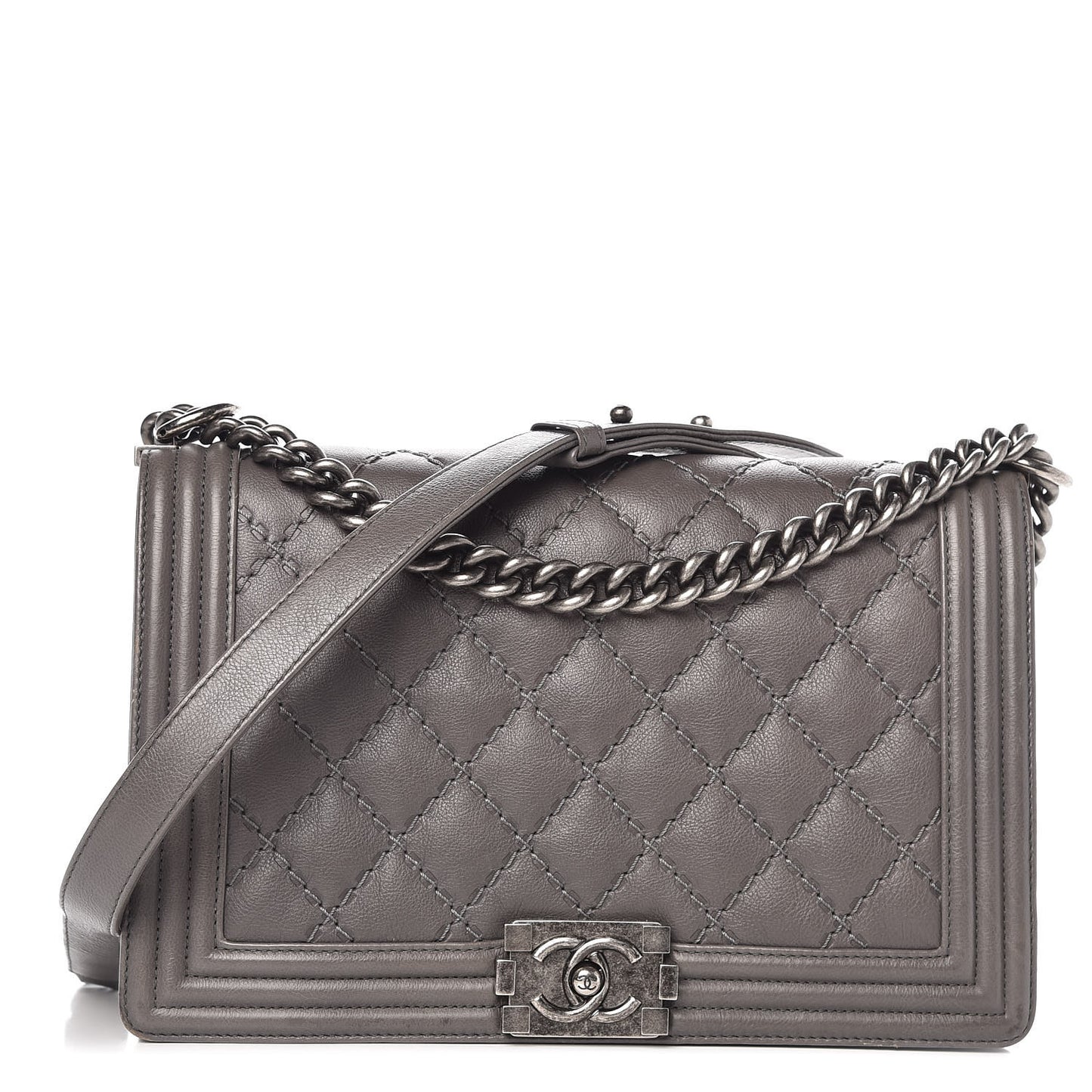 Calfskin Double Stitch New Medium Boy Flap Grey