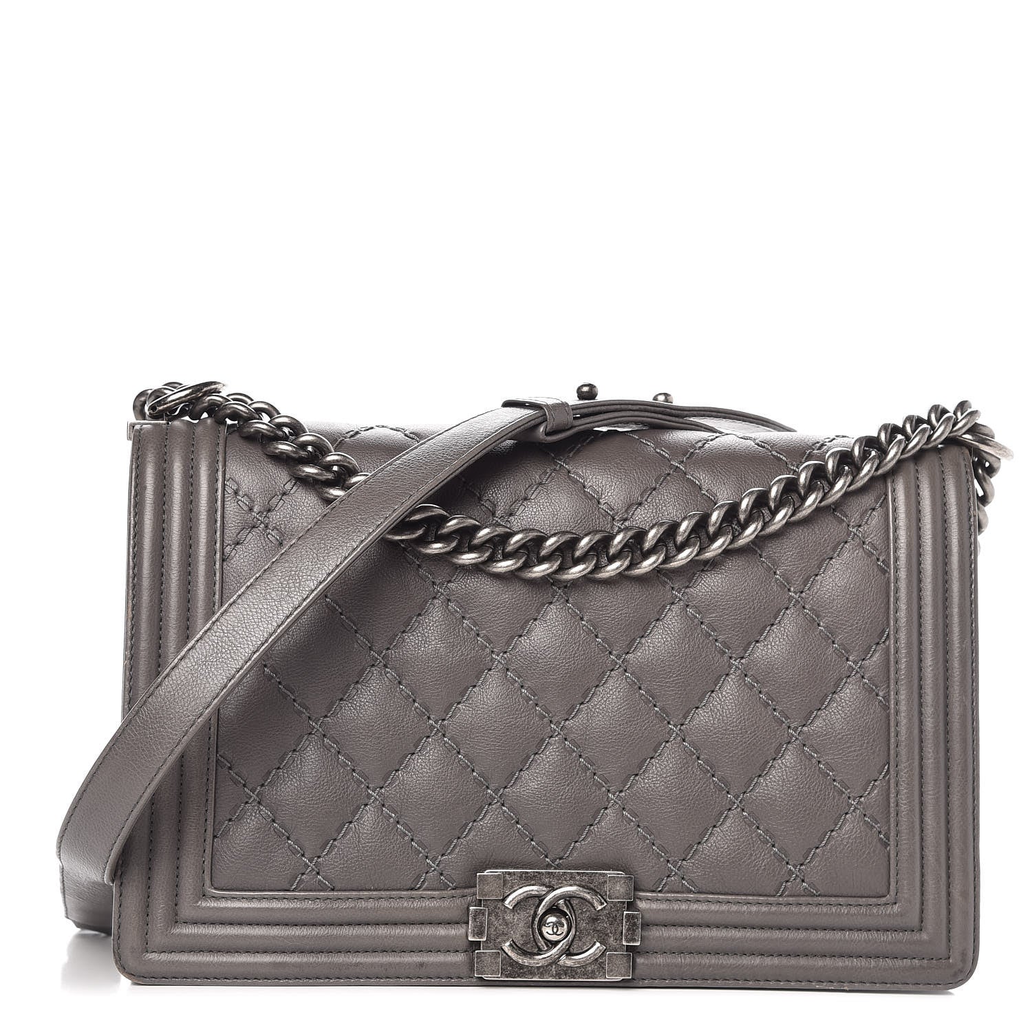Chanel Calfskin Double Stitch New Medium Boy Flap Grey 1 of 12