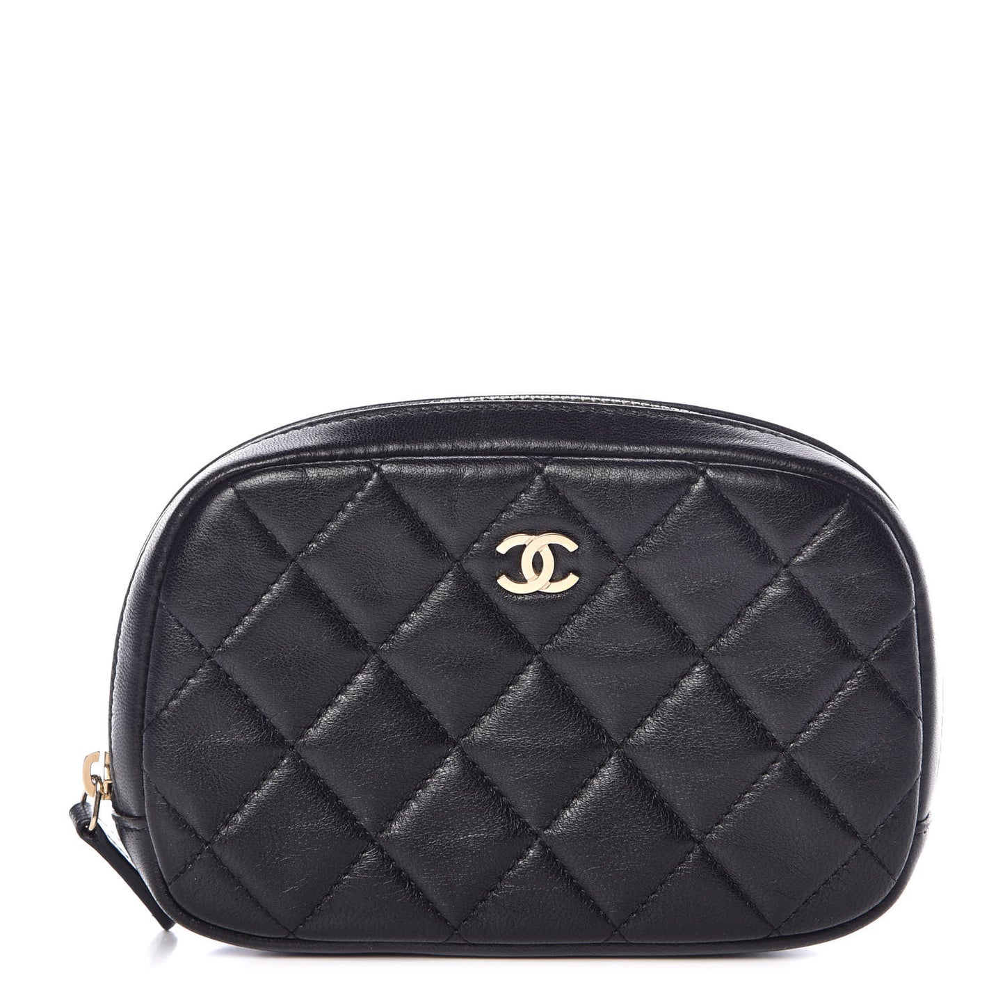 Lambskin Quilted Small Curvy Pouch Cosmetic Case Black
