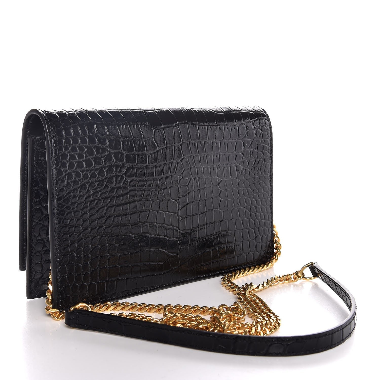Saint Laurent Calfskin Crocodile Embossed Kate Monogram Tassel Chain Wallet Black 3 of 8