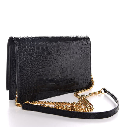 Saint Laurent Calfskin Crocodile Embossed Kate Monogram Tassel Chain Wallet Black 3 of 8