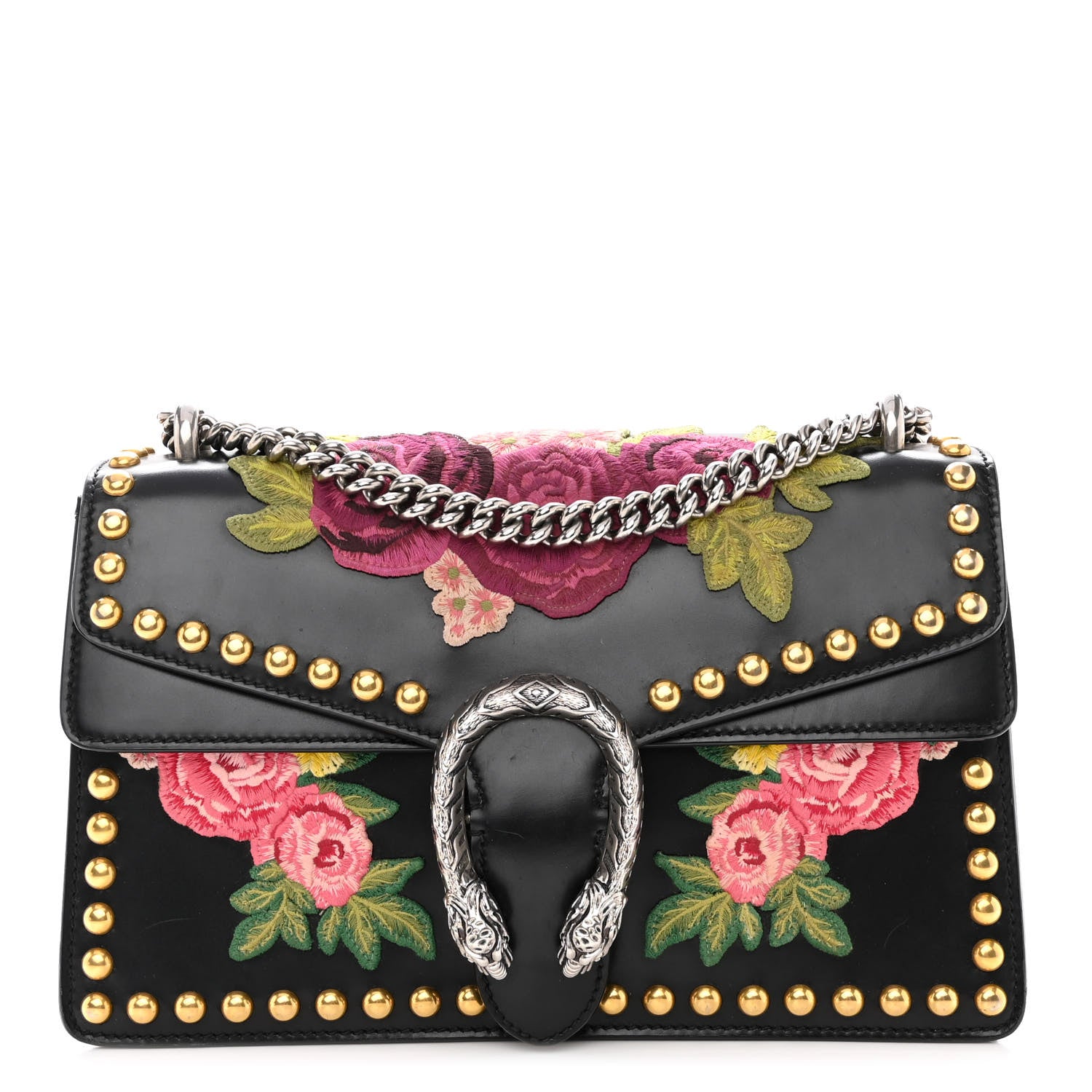 Gucci Calfskin Floral Embroidered Studded Small Dionysus Shoulder Bag Black 1 of 12