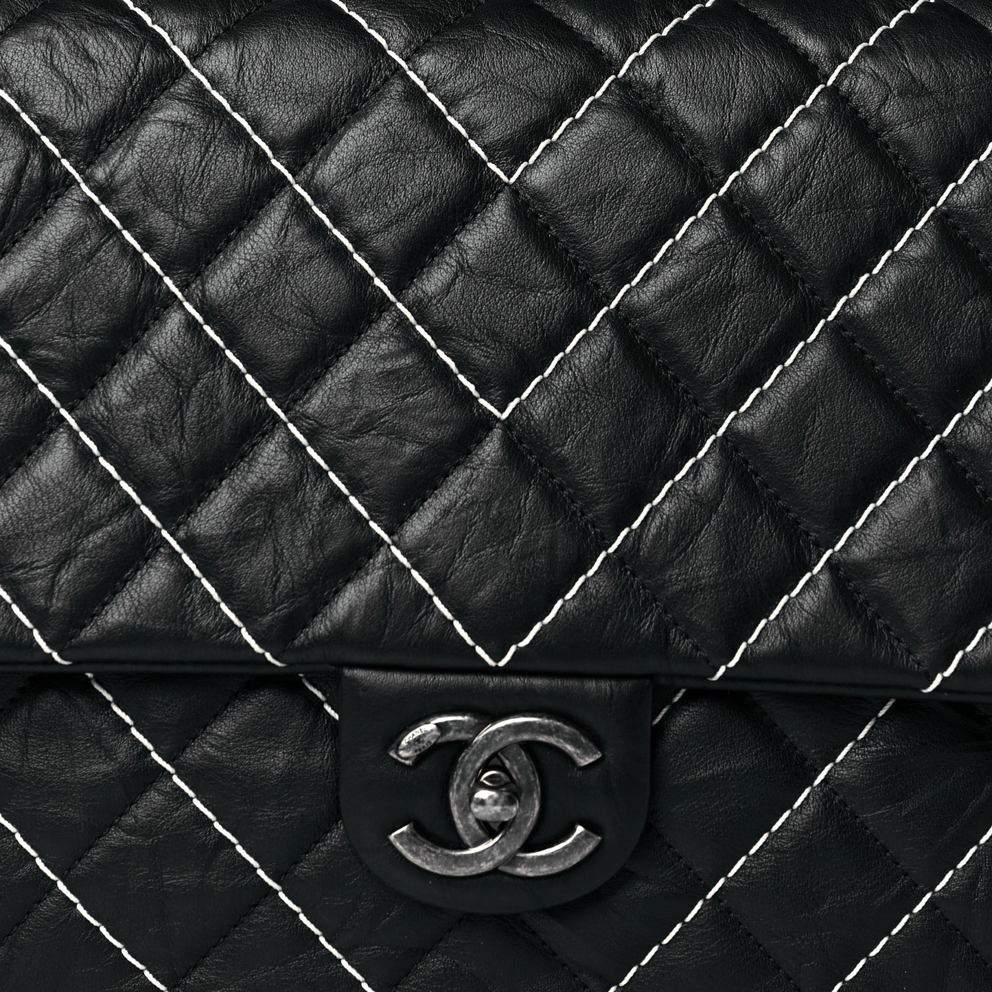 Calfskin Chevron Stitched Jumbo Single Flap Black