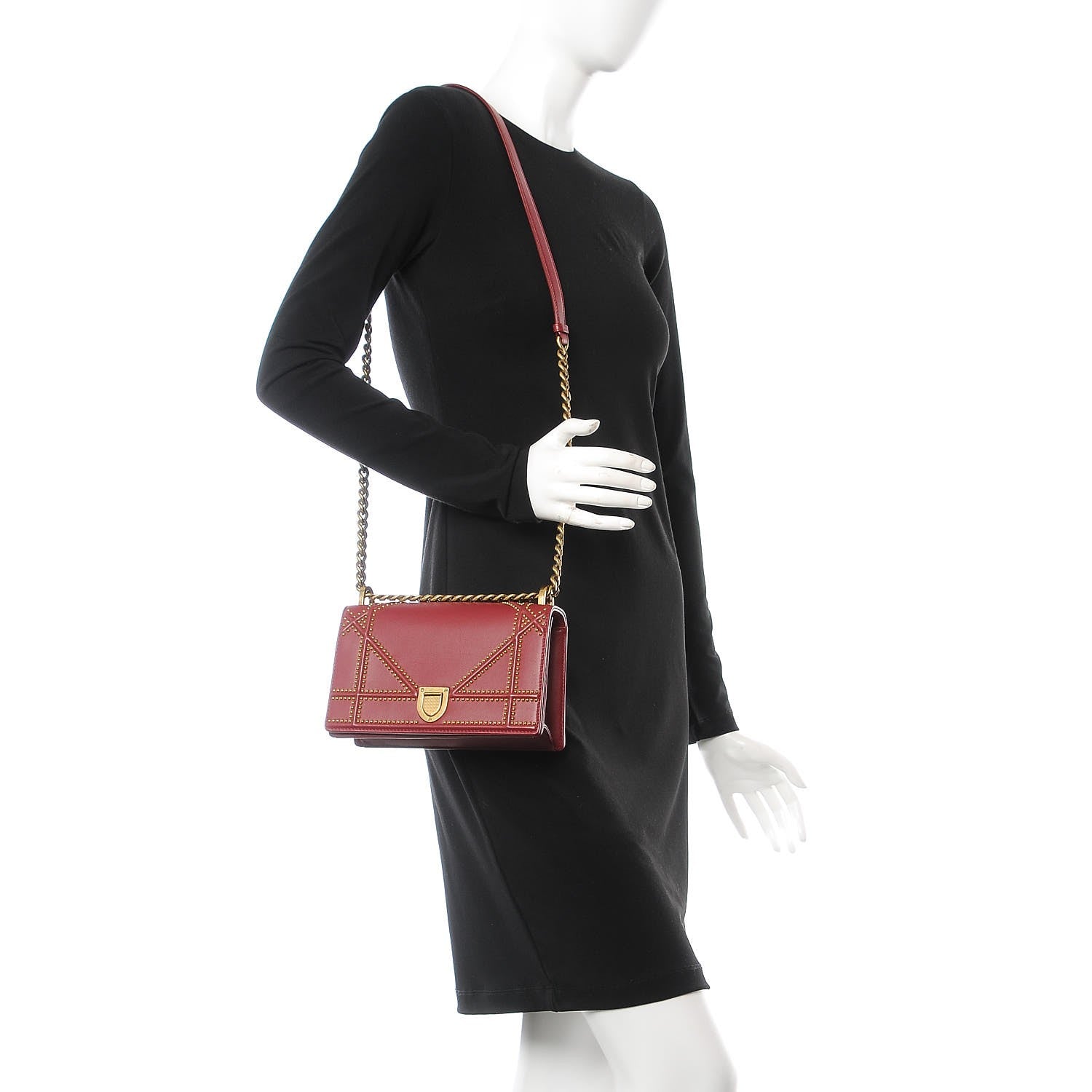 Christian Dior Calfskin Studded Small Diorama Flap Bag Burgundy 2 of 8