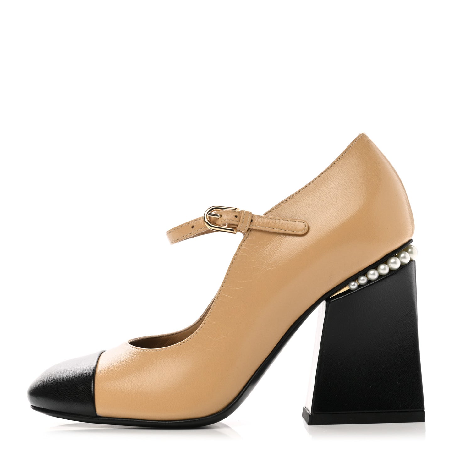 Shiny Goatskin Pearls Cap Toe Open Slingback Pumps 35 Beige Black