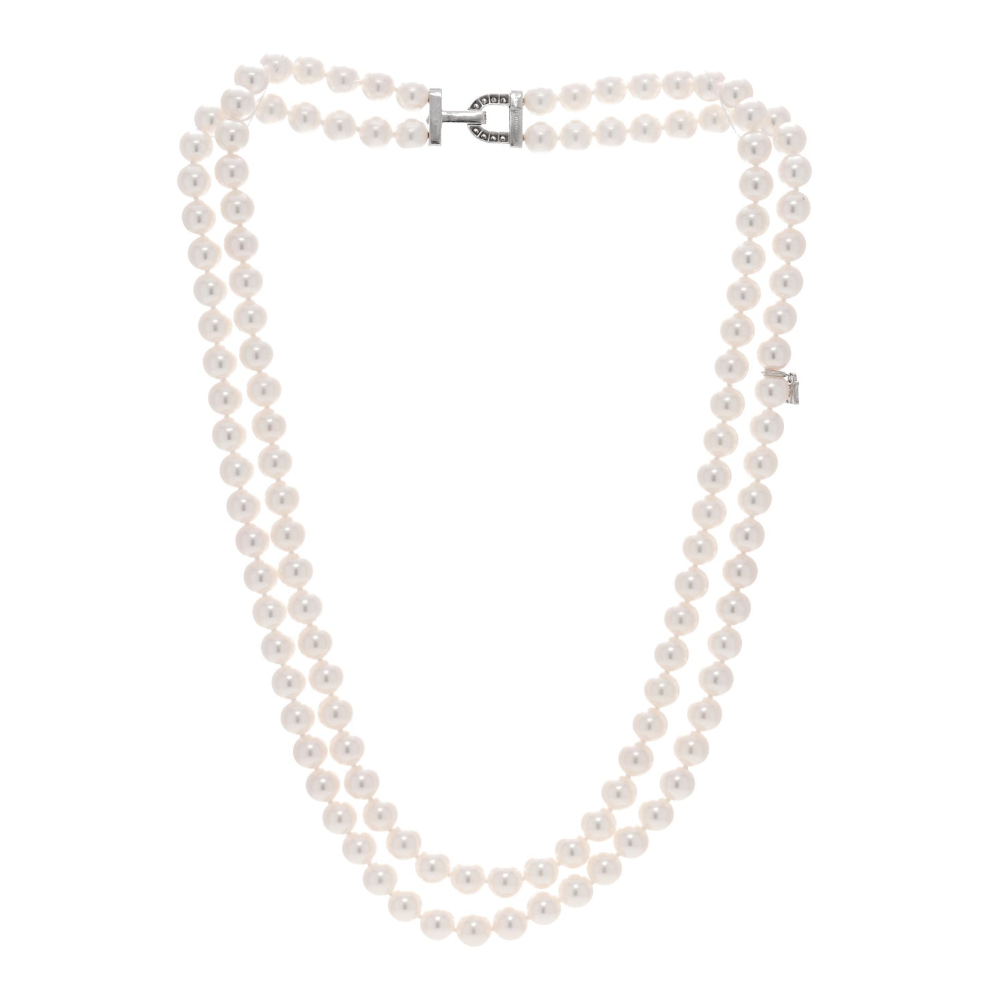 18K White Gold Diamond Akoya Cultured Pearl 6.5-7mm Double Strand Necklace
