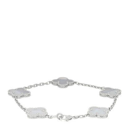 Van Cleef & Arpels 18K White Gold Chalcedony 5 Motifs Vintage Alhambra Bracelet 2 of 3