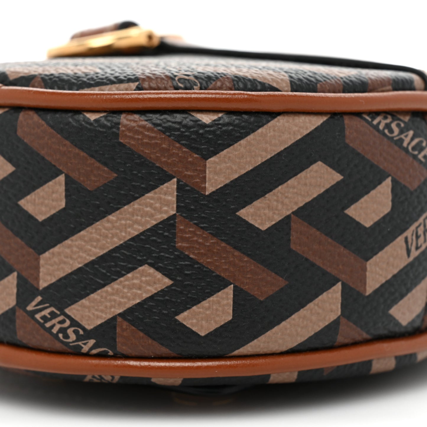 Coated Canvas Calfskin La Greca Round Zip Pouch Black Caramel