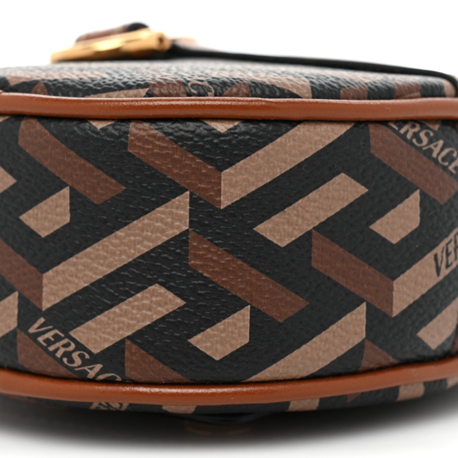 Versace Coated Canvas Calfskin La Greca Round Zip Pouch Black Caramel 7 of 8