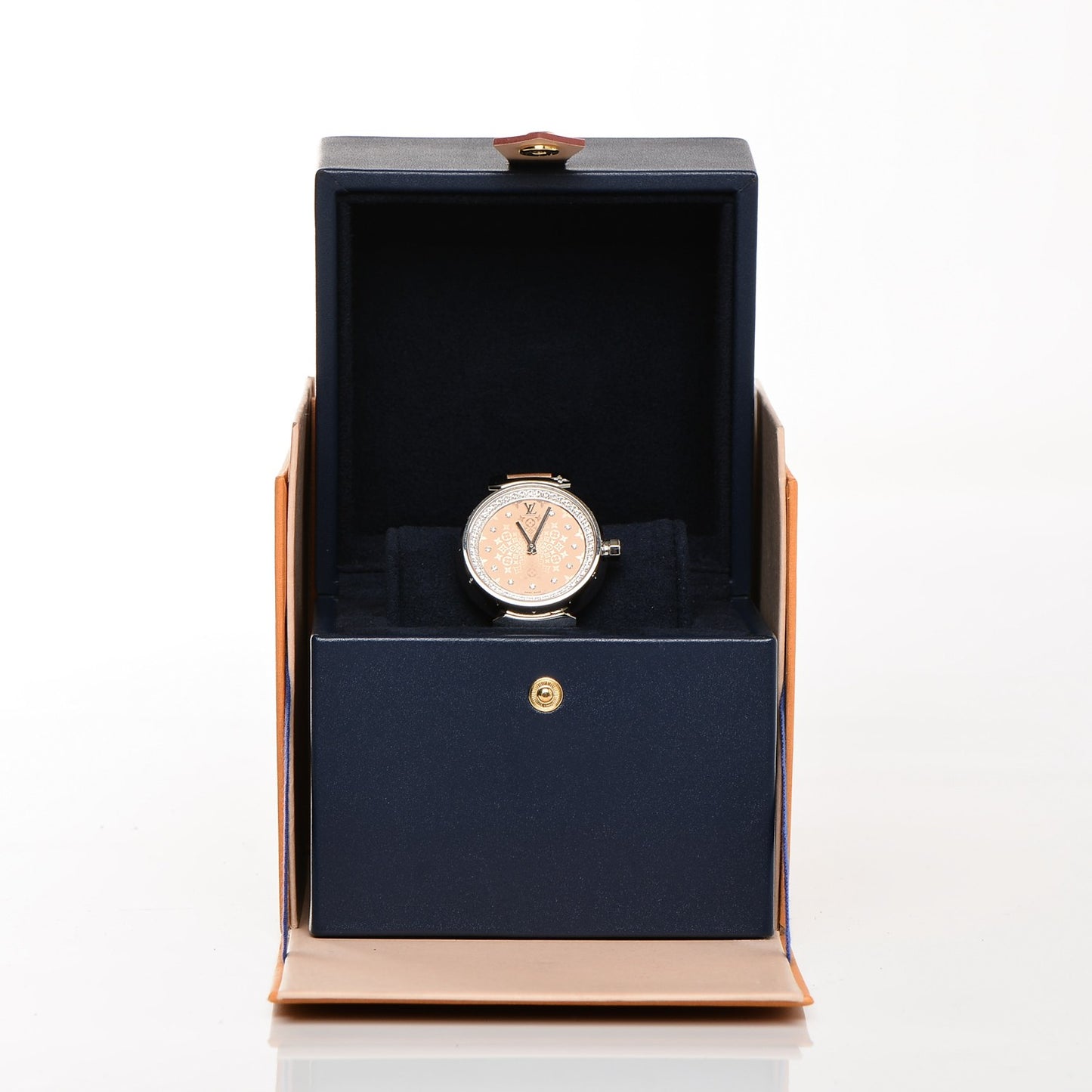 Stainless Steel Vernis Diamond 34mm Tambour Bijou Quartz Watch Beige