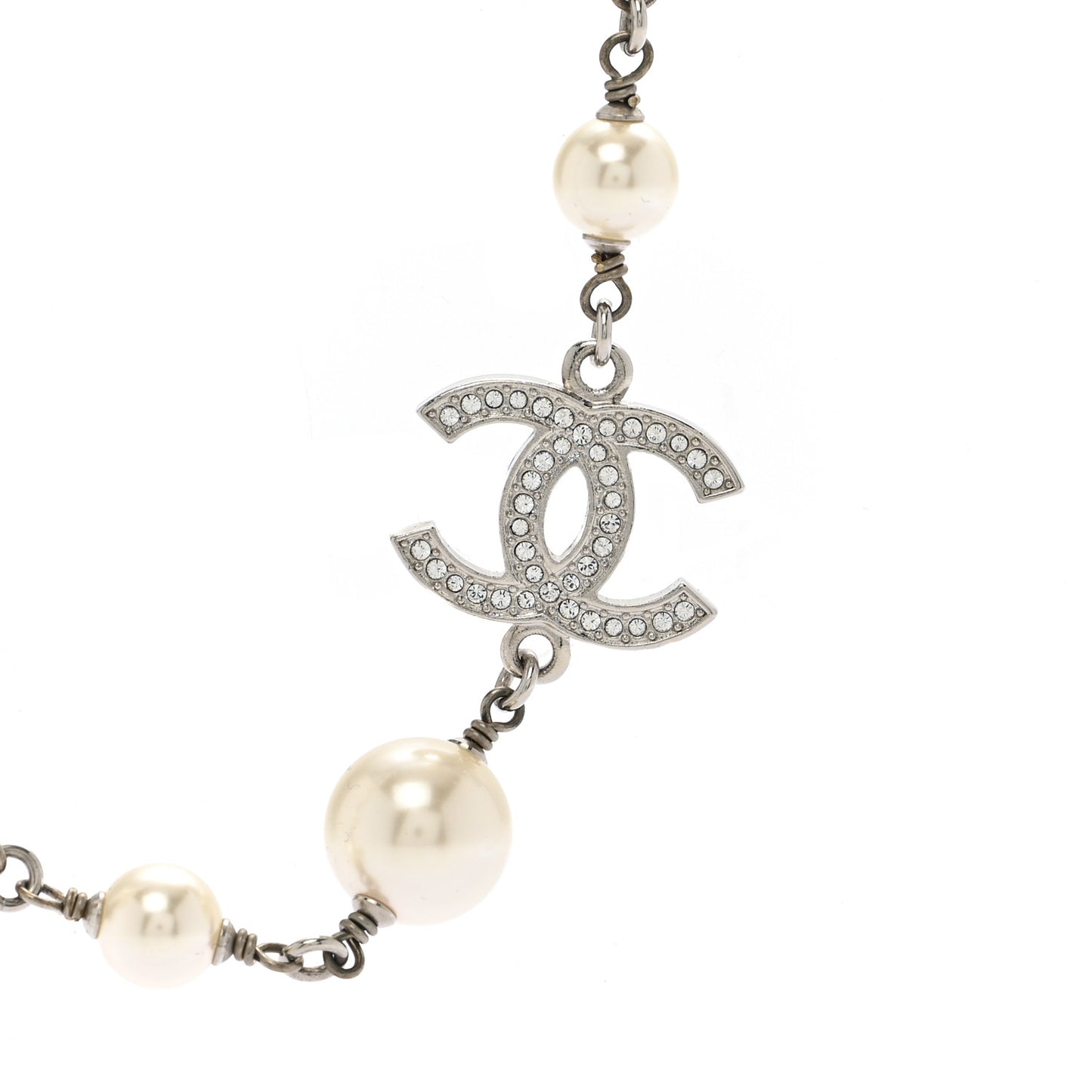 Graduated Pearl Crystal CC Long Necklace Silver