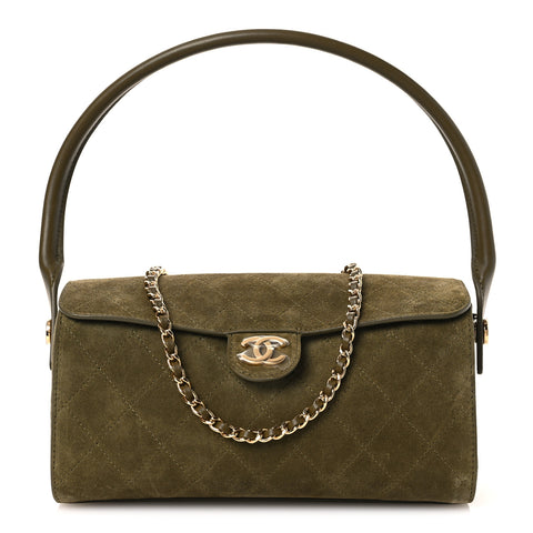 Suede Quilted Turn Around Clutch With Chain Khaki