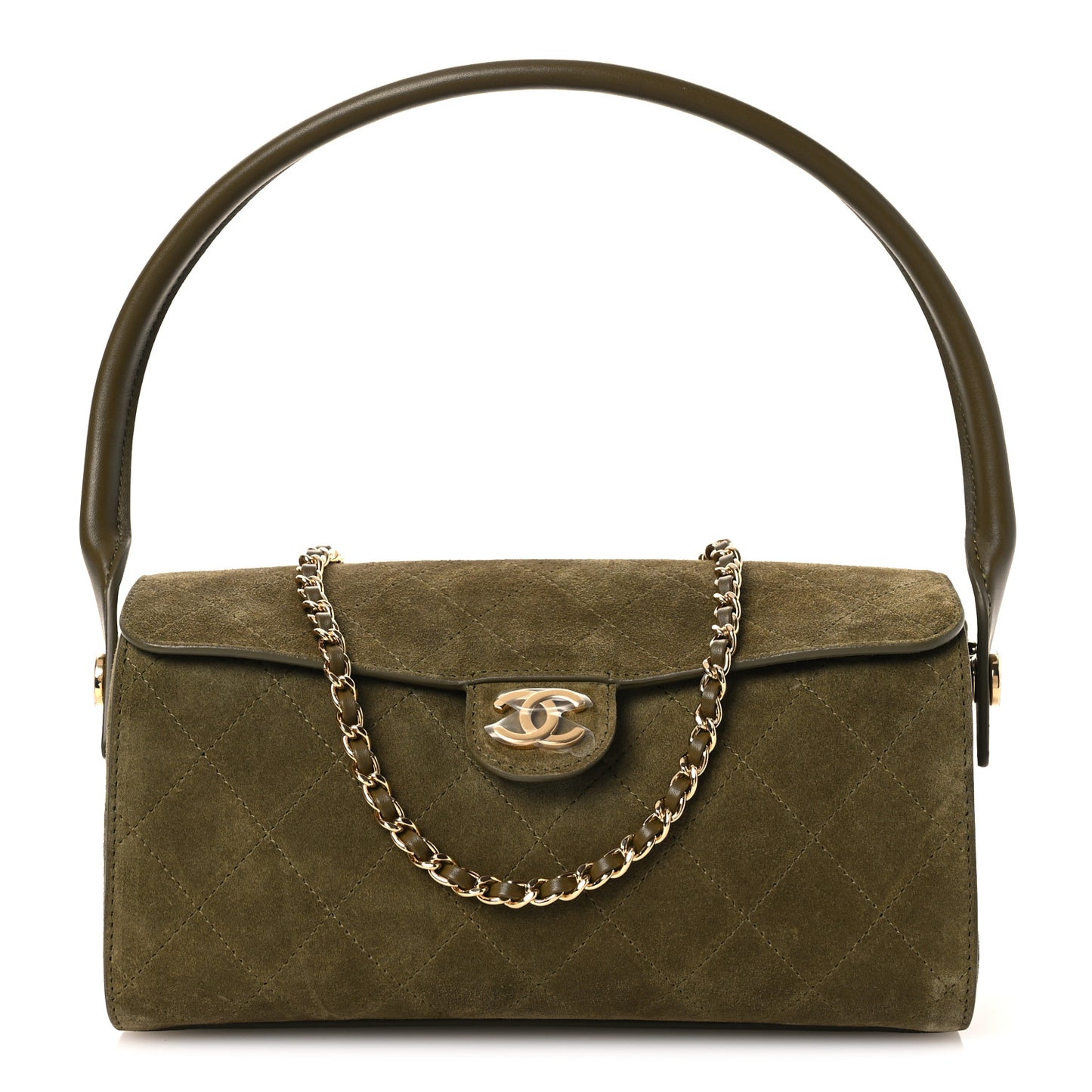 Suede Quilted Turn Around Clutch With Chain Khaki