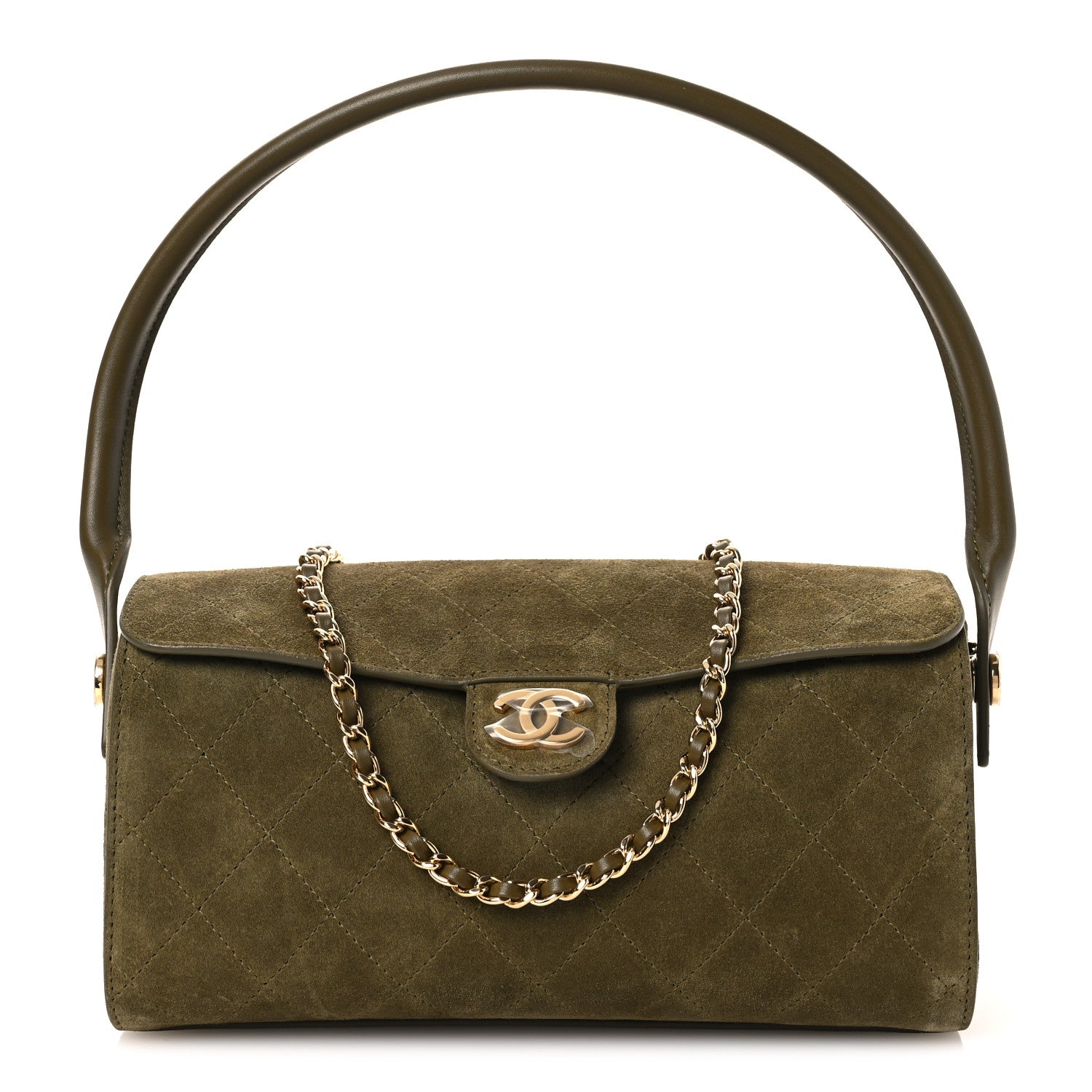 Chanel Suede Quilted Turn Around Clutch With Chain Khaki 1 of 13