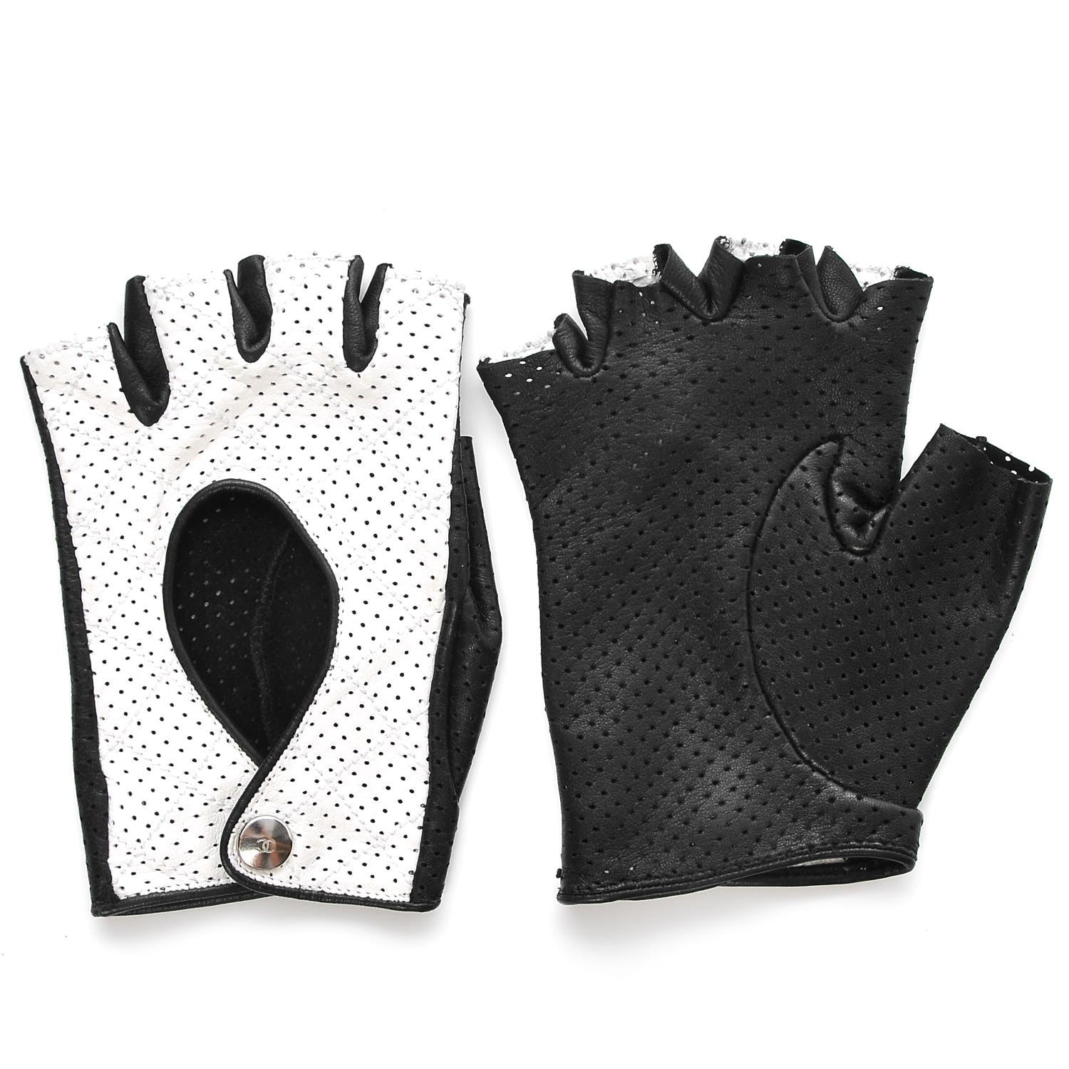 Chanel Lambskin Perforated Fingerless Gloves Black White 1 of 6