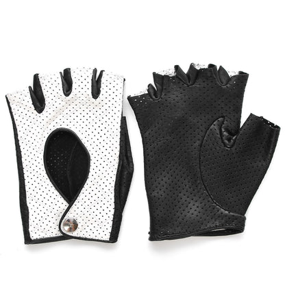 Chanel Lambskin Perforated Fingerless Gloves Black White 1 of 6