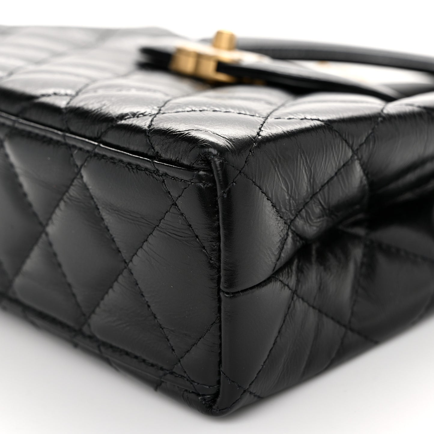 Shiny Aged Calfskin Quilted Nano Kelly Shopper Black