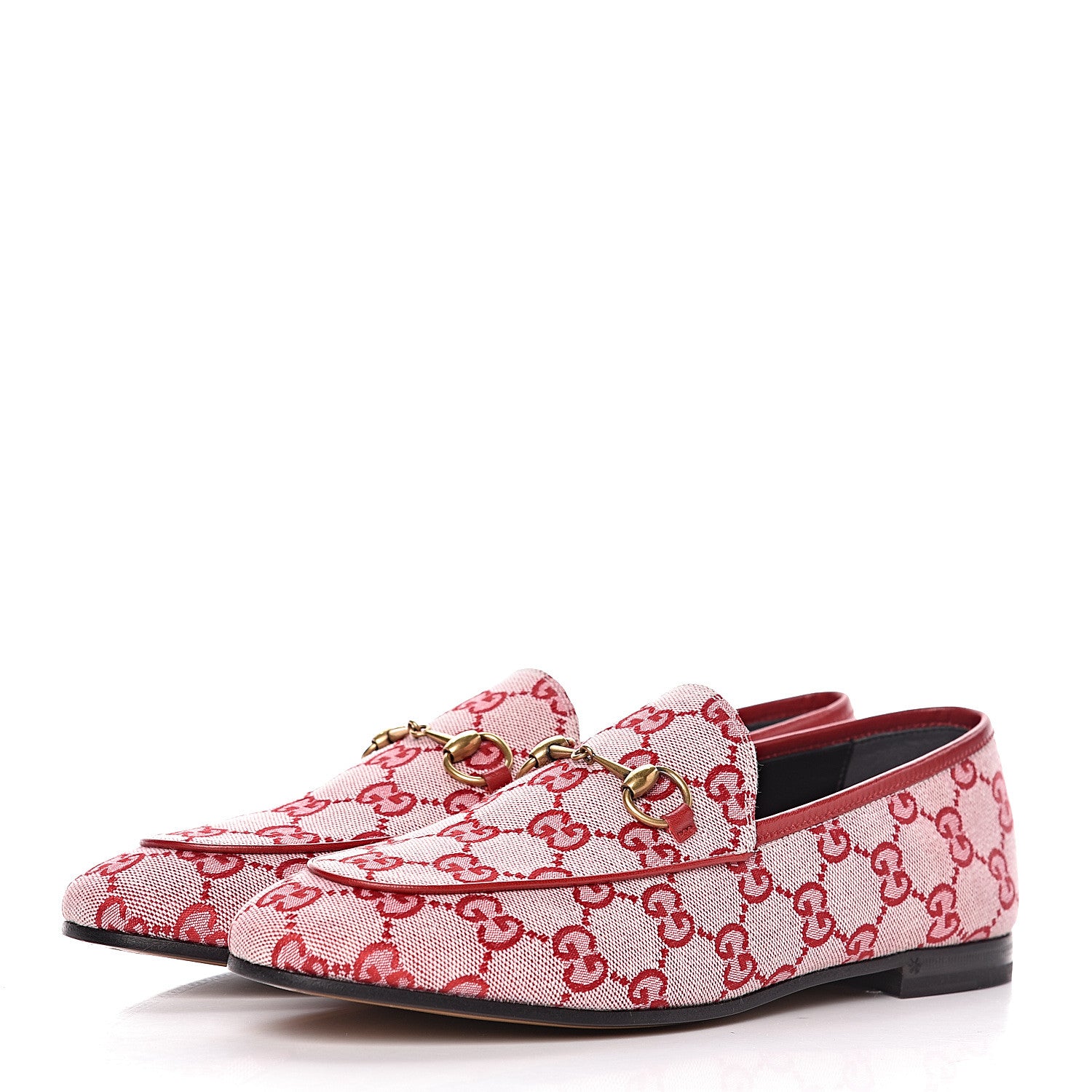 Gucci Canvas GG Monogram Horsebit Womens Jordaan Loafers 38.5 Gardenia Hibiscus Red 3 of 9